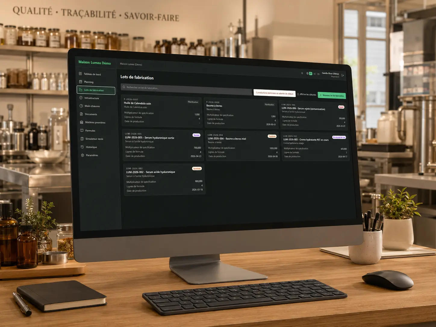 AtelierOS Dashboard — Fiche de production, décrémentation des stocks et espace auditeur